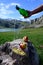 Pouring of natural Asturian cider made fromÂ fermented apples from green bottle and high height with view on Covadonga lake and